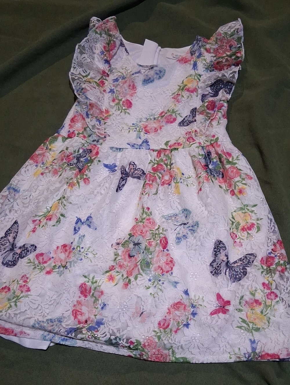 White Floral Lace Girls' Dress with Butterfly Accents